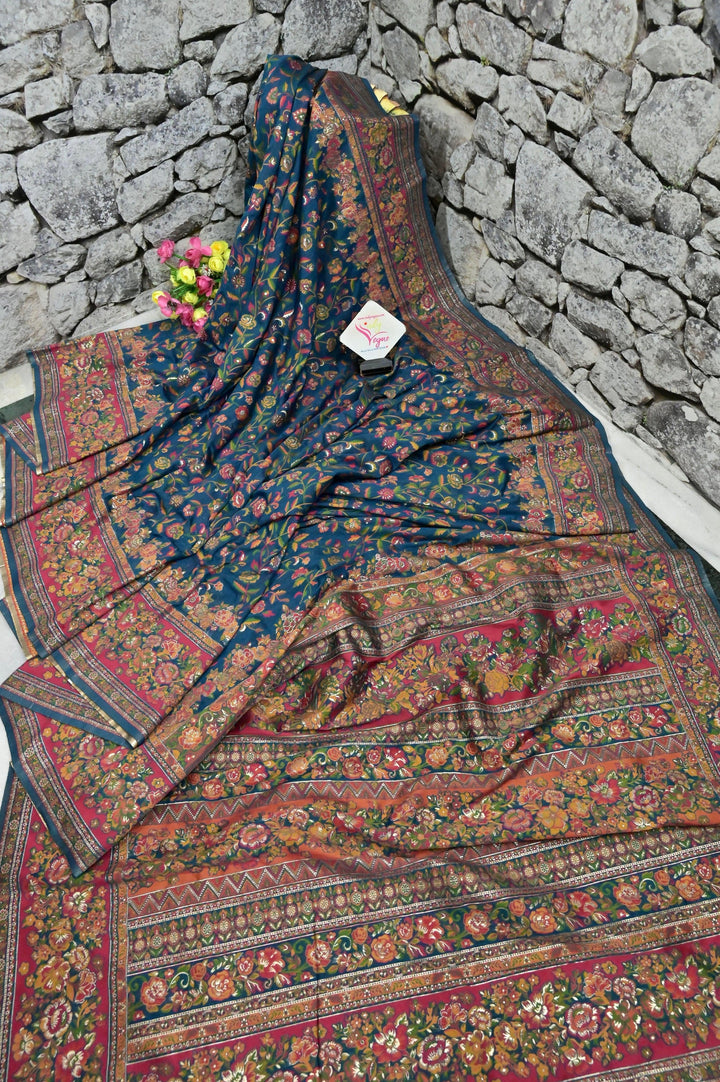 Moss Blue Color Kani Silk Saree with Allover Work