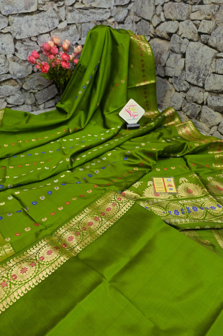Moss Green Color Golani Revival Baluchari Silk Saree with Meenakari Buti Work