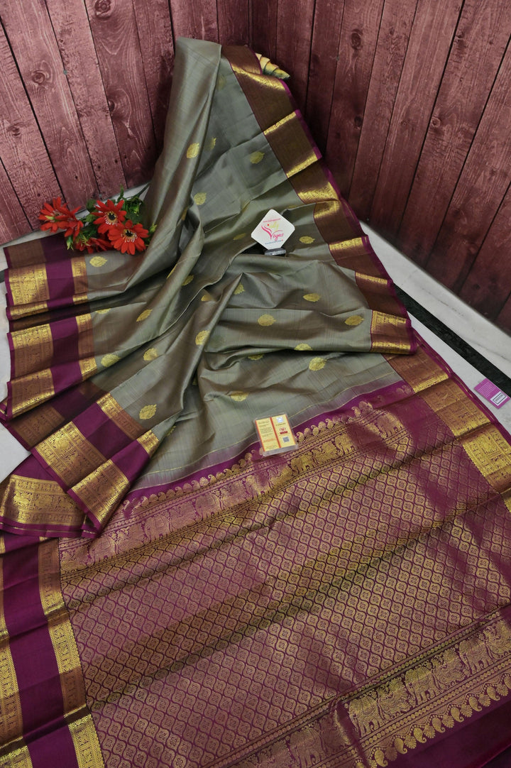 Mud Grey Color Kanjeevaram Silk Saree with Double wrap and Butta