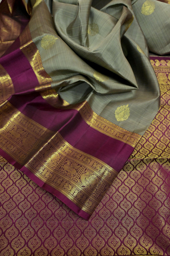 Mud Grey Color Kanjeevaram Silk Saree with Double wrap and Butta