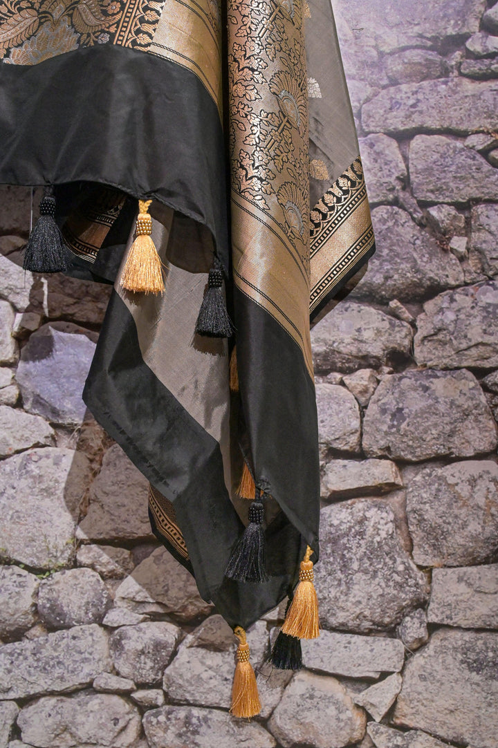 Mud Grey Color Pure Katan Banarasi Saree with Golden and Silver Buti