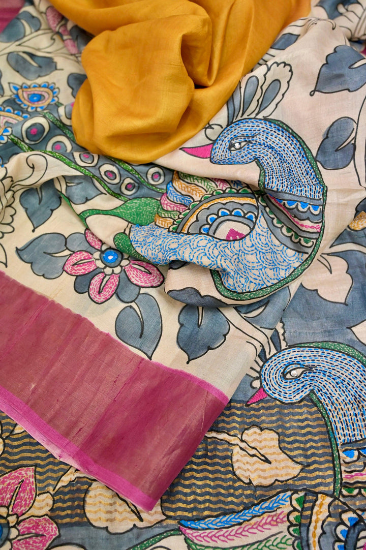 Multi Colored Zari Border Tussar Silk Saree with Painted Kalamkari and Katntha Stitch