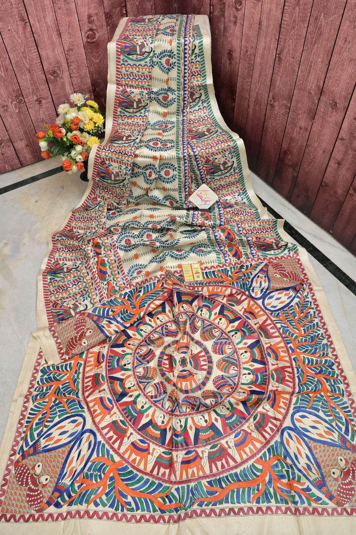 Multicolor Katan Silk Saree with Hand Painted Madhubani Work