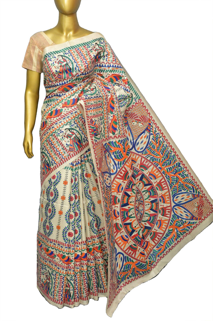 Multicolor Katan Silk Saree with Hand Painted Madhubani Work