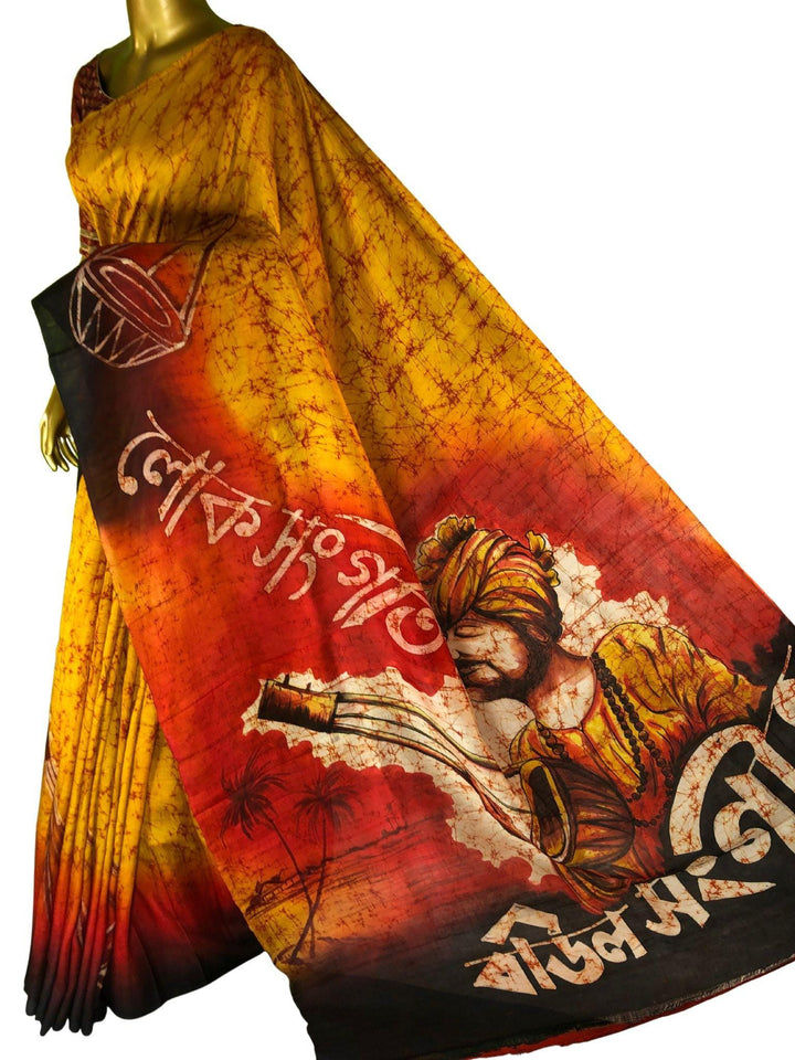 Multicolor Pure Bishnupur Katan Silk Saree with Hand Painting & Wax Batik