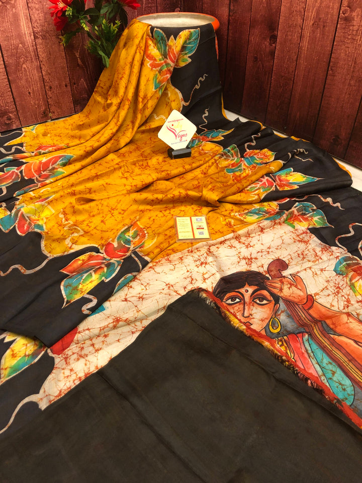 Multicolor Pure Bishnupur Katan Silk Saree with Wax Batik and Hand Painting