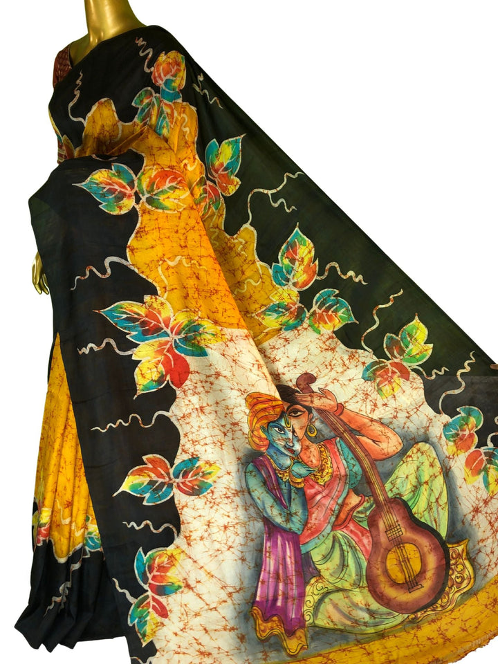 Multicolor Pure Bishnupur Katan Silk Saree with Wax Batik and Hand Painting