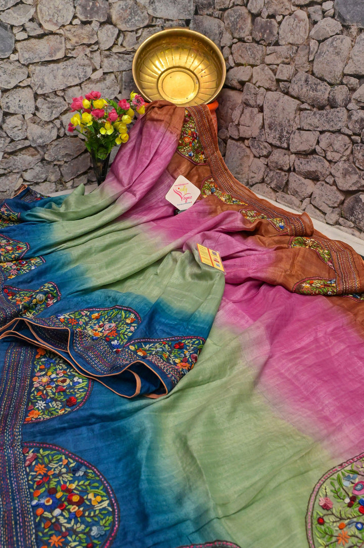 Multicolor Pure Tussar Hand Embroidered Saree with French Knot and Bullion
