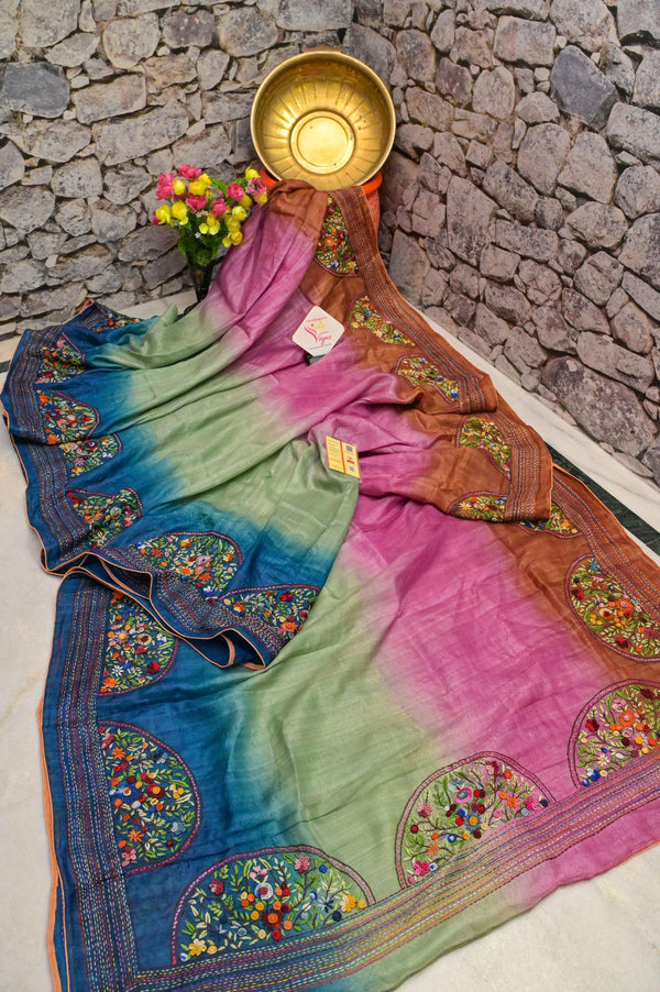 Multicolor Pure Tussar Hand Embroidered Saree with French Knot and Bullion