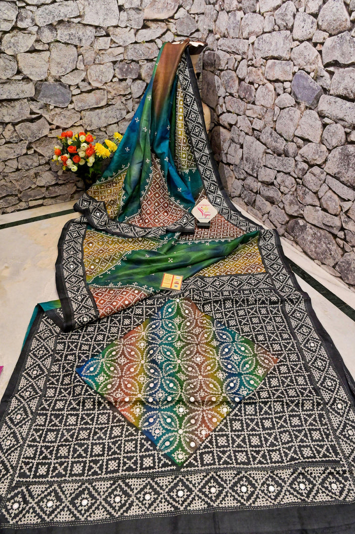 Multicolor Pure Tussar Silk Saree with Dye and Gujarati Mirror Work