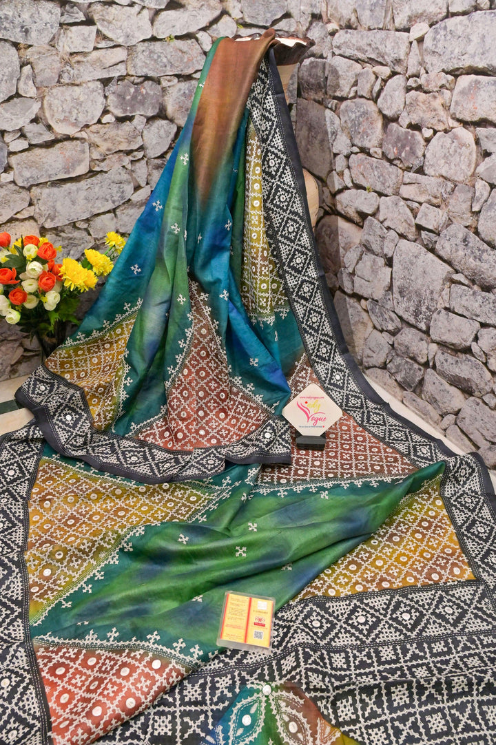 Multicolor Pure Tussar Silk Saree with Dye and Gujarati Mirror Work