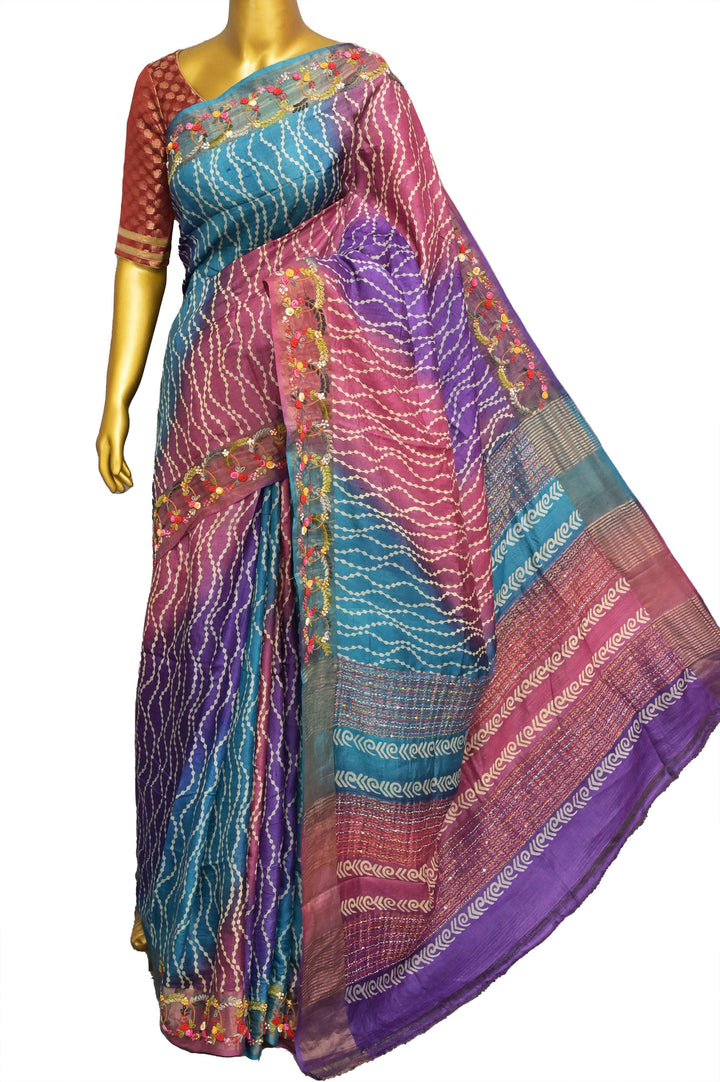 Multicolor Pure Tussar Silk with Hand Dye and Hand Kantha Stitch with French Knot