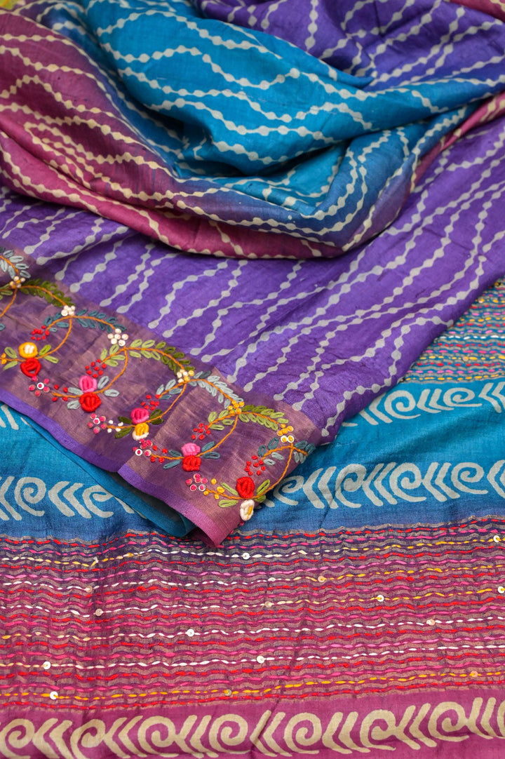 Multicolor Pure Tussar Silk with Hand Dye and Hand Kantha Stitch with French Knot