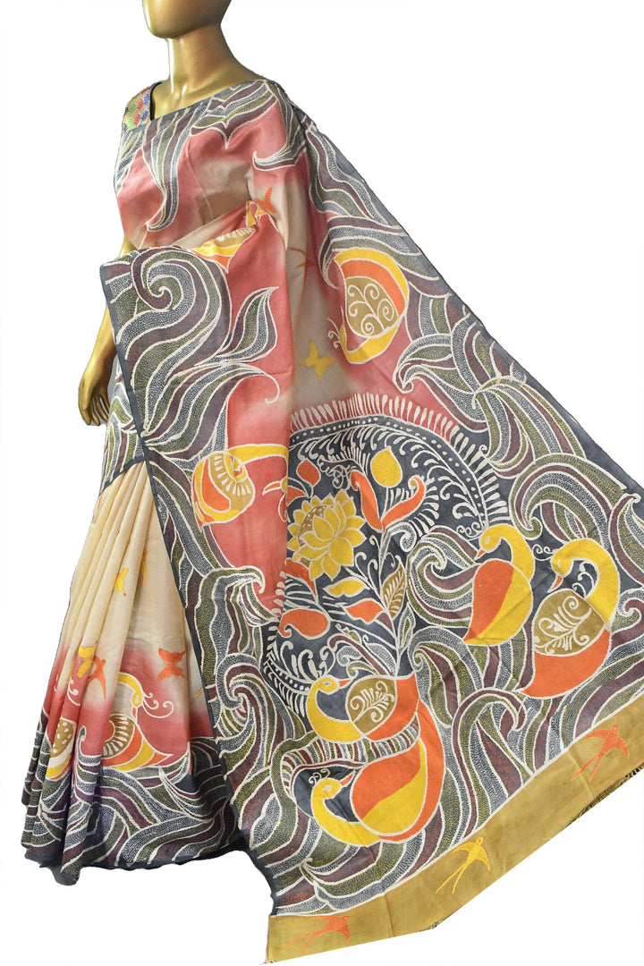 Multicolor Tussar Silk Saree with Hand Batik and Hand Kantha Embroidery Work