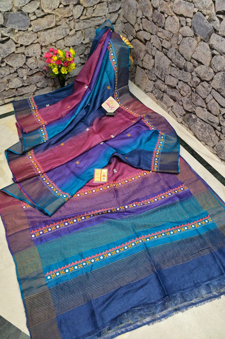 Multicolor Zari Border Tussar Silk with Hand-Dye and Mirror Work