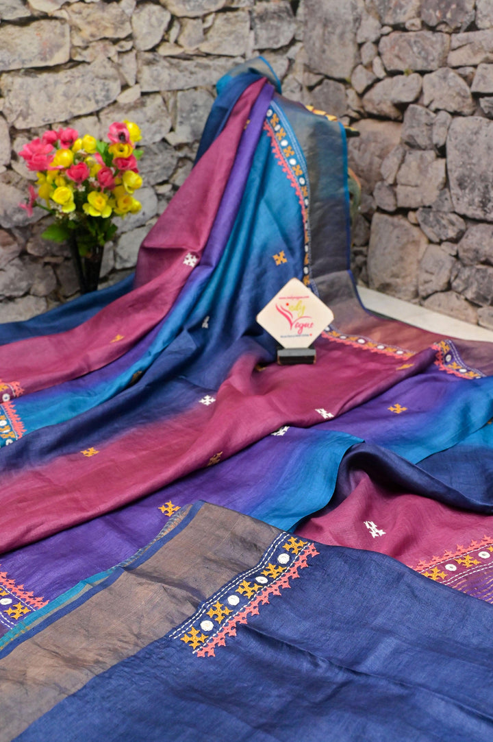 Multicolor Zari Border Tussar Silk with Hand-Dye and Mirror Work