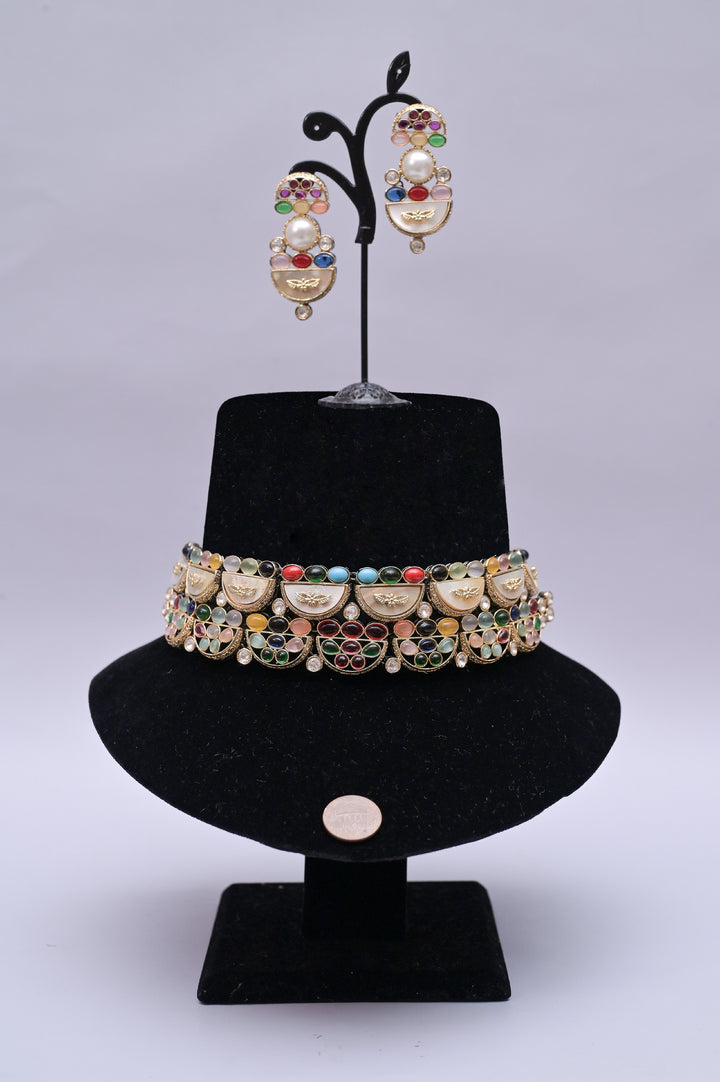 Multicolored Choker Necklace Set with Monalisa Stonework and AD Stone