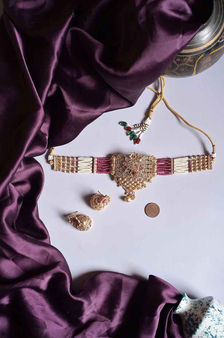 Multicolored Choker Set with Kundan Stone Work and Peal Beads