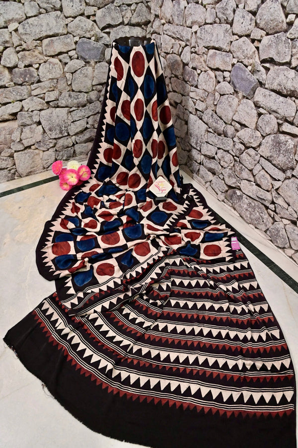 Multicolored Modal Silk Saree with Pure Ajrakh Hand Block Print