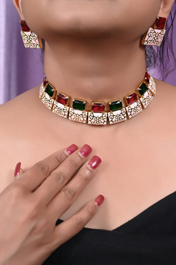Multicolored Monalisa Stonework Collar Necklace Set with Meenakari