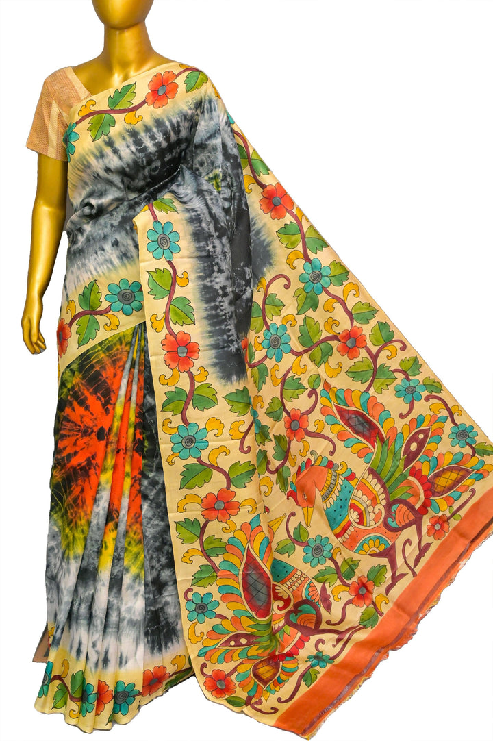 Multiple Color Pure Bishnupur Katan Silk with Hand Painted Kalamkari & Hand Shibori Dye