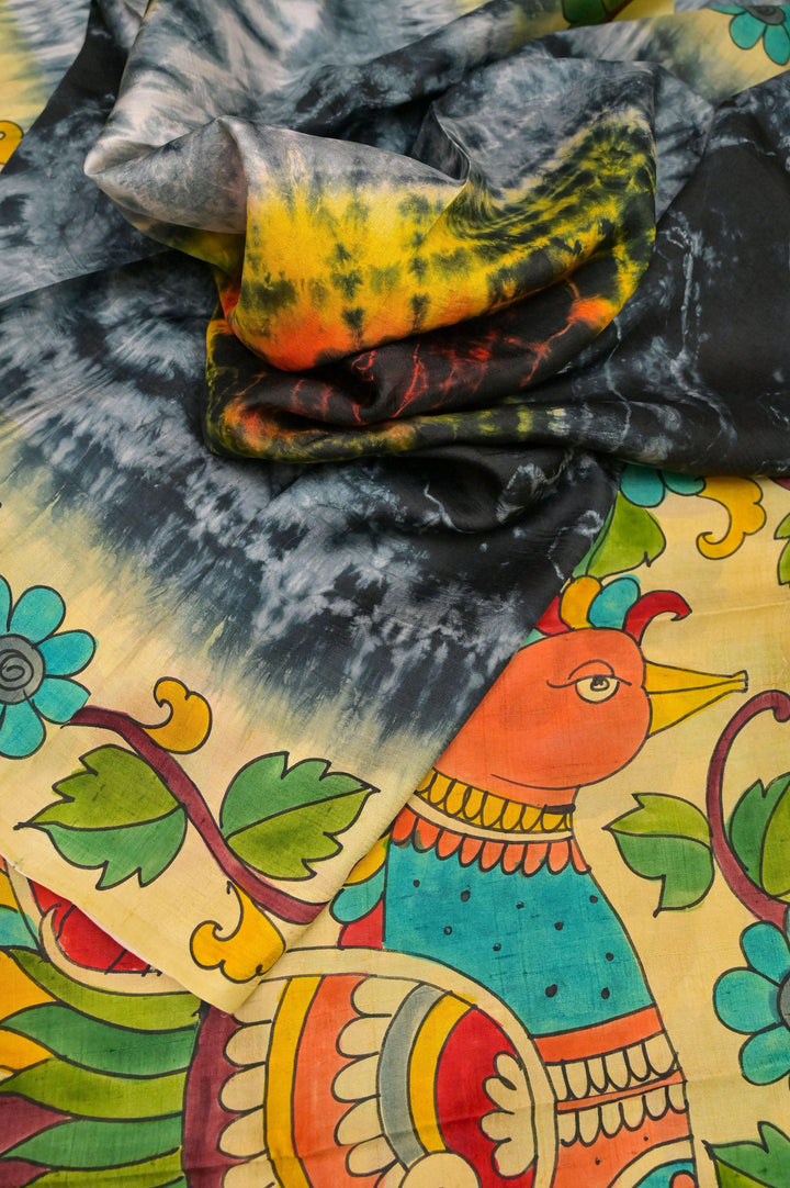 Multiple Color Pure Bishnupur Katan Silk with Hand Painted Kalamkari & Hand Shibori Dye