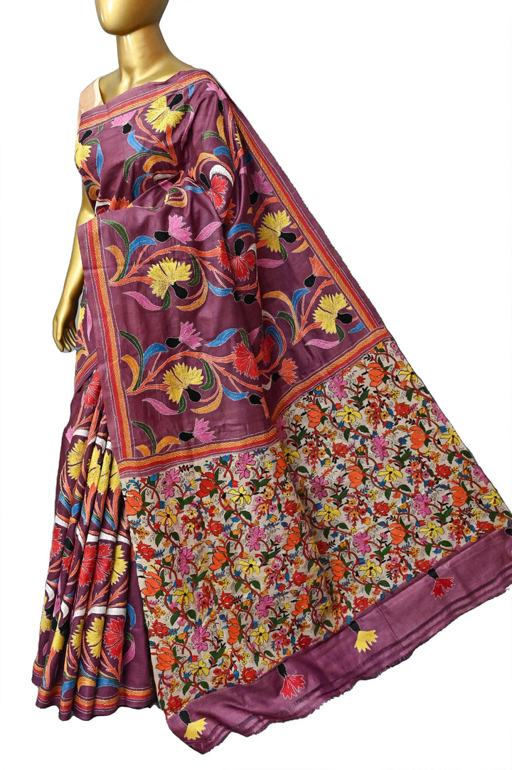Multiple Color Pure Gachi Tussar with Hand Kantha Stitch Embroidery