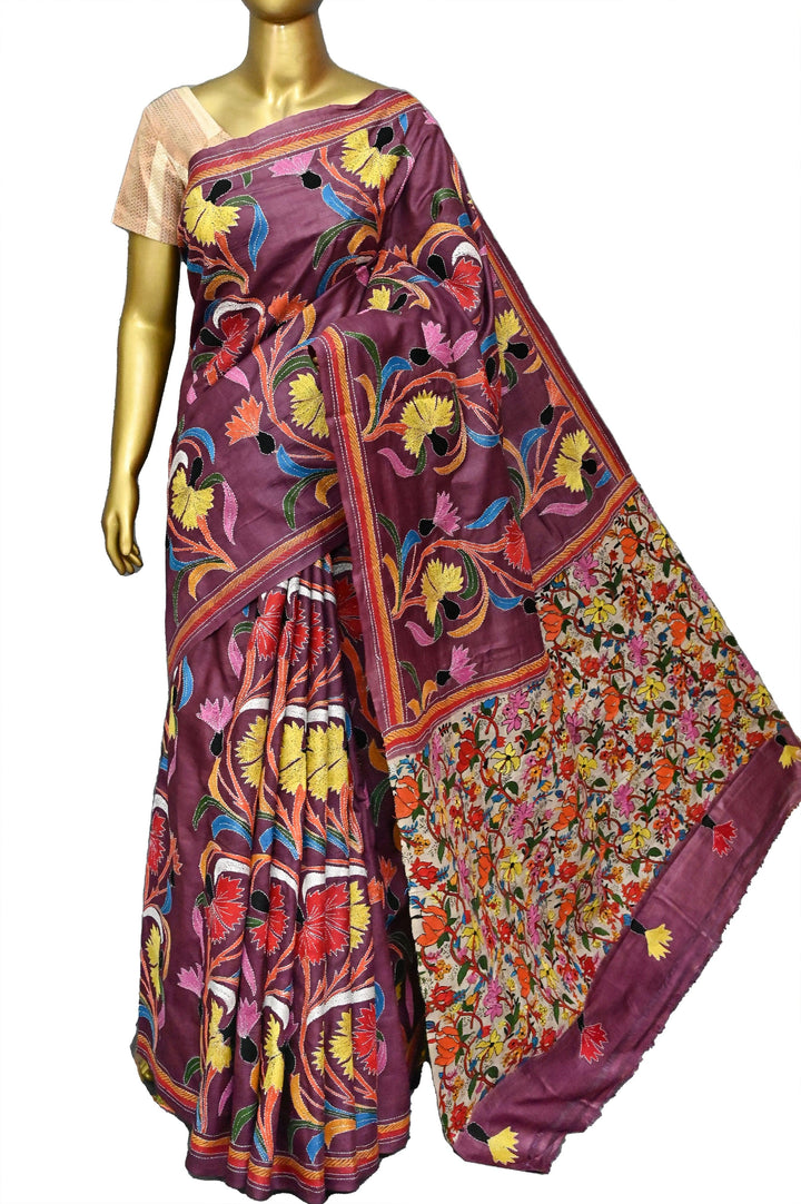 Multiple Color Pure Gachi Tussar with Hand Kantha Stitch Embroidery