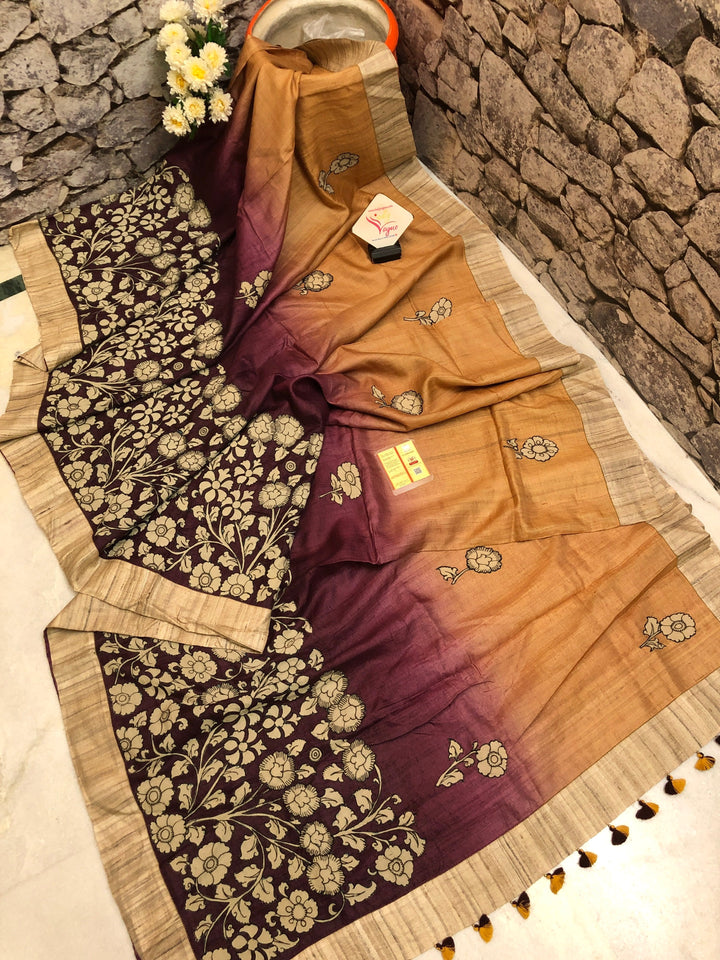 Multiple Color Tussar Silk with Applique Kalamkari and Tie-Dye Work