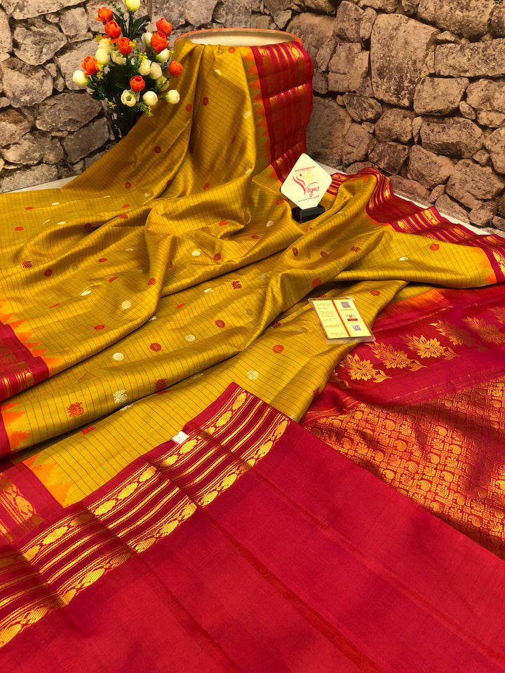 Mustard and Dark Red Color Pure Gadwal Silk Saree