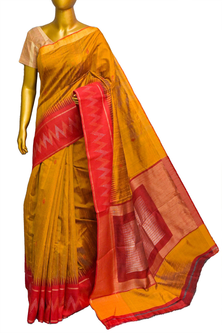 Mustard Golden and Red Color Pure Raw Silk Saree with Butta Work