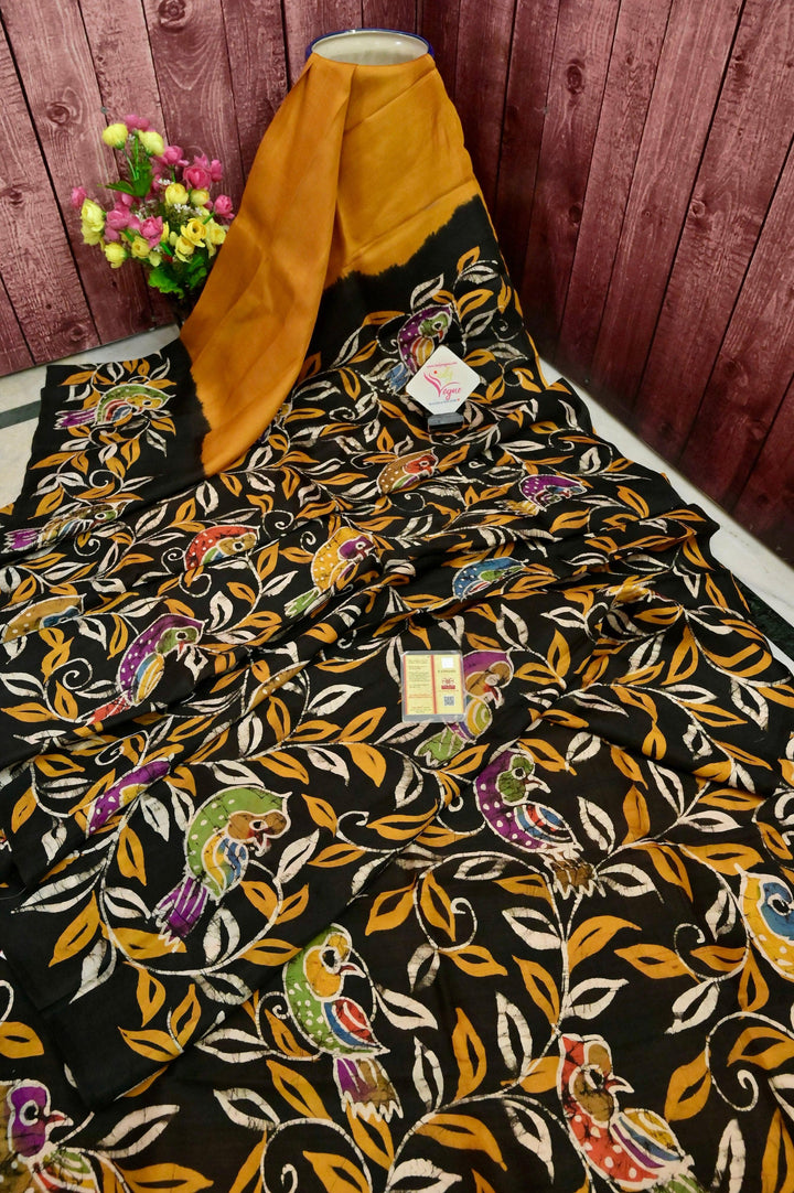 Mustard Yellow and Black Color Bishnupur Silk Saree with Hand Batik