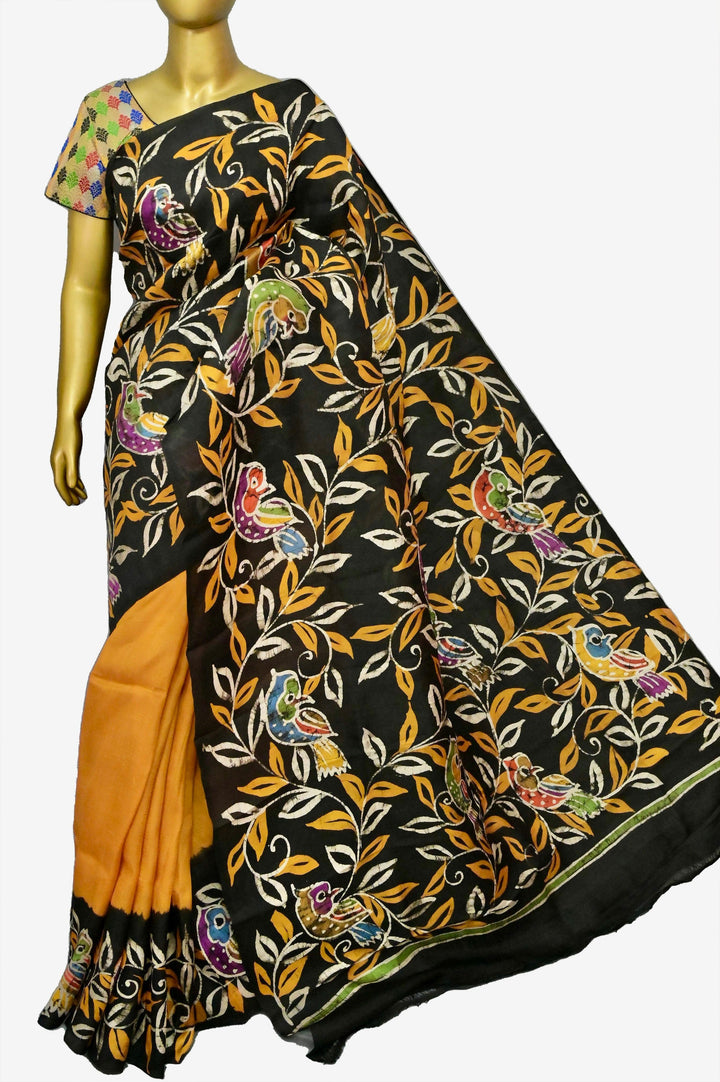 Mustard Yellow and Black Color Bishnupur Silk Saree with Hand Batik