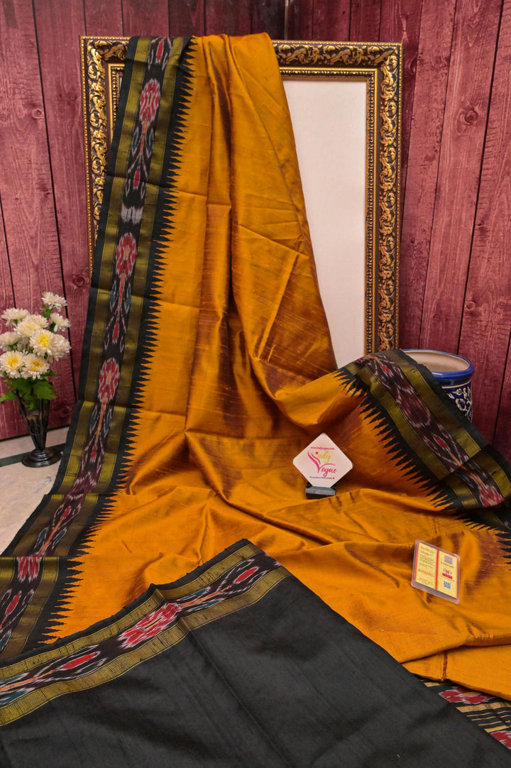 Mustard Yellow Color Pure Raw Silk Saree with Ikkat Border and Pallu