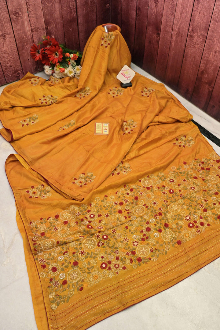 Mustard Yellow Color Pure Tussar Silk with Hand Embroidery