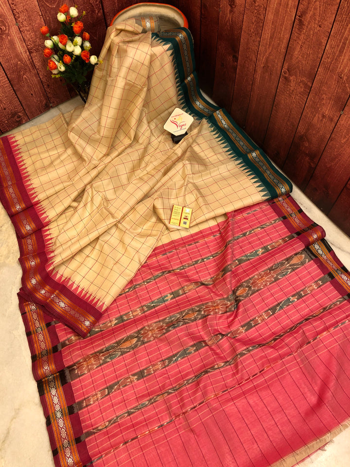 Natural Cream Color Pure Tussar Silk Saree with Check Vidarbha Ganga Jamuna Border