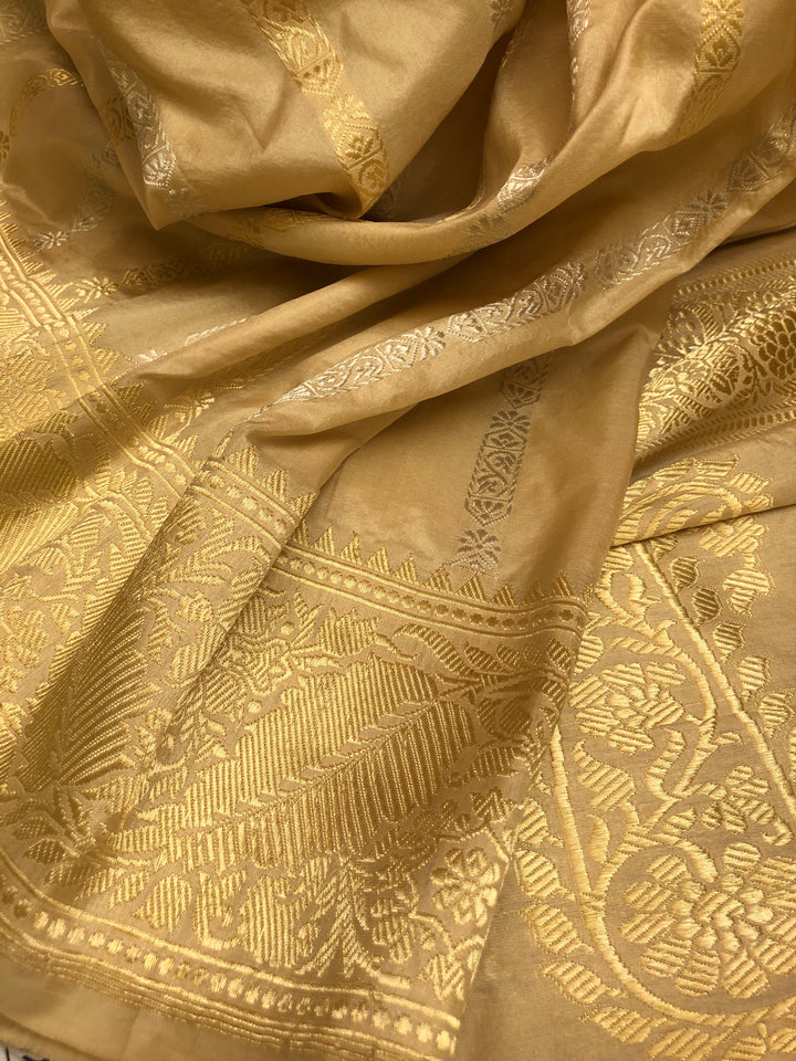 Natural Golden Color Pure Katan Banarasi Saree with Silver & Golden Zari Work