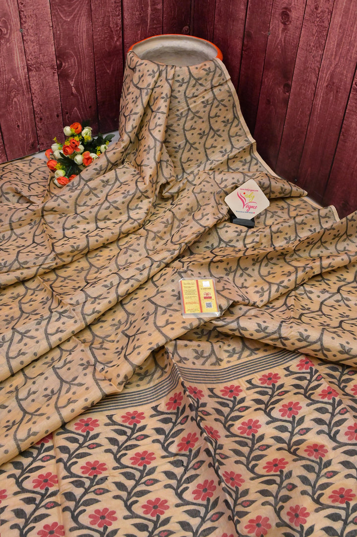 Natural Hay Color Tussar Silk Saree with Allover Jamdani Weaving