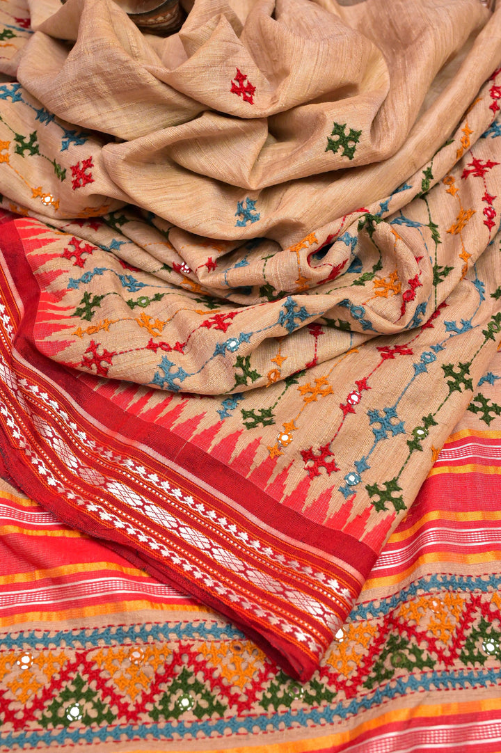 Natural Sandal Color Tussar Vidarbha with Ganga Jamuna Border and Gujrati Embroidery Work