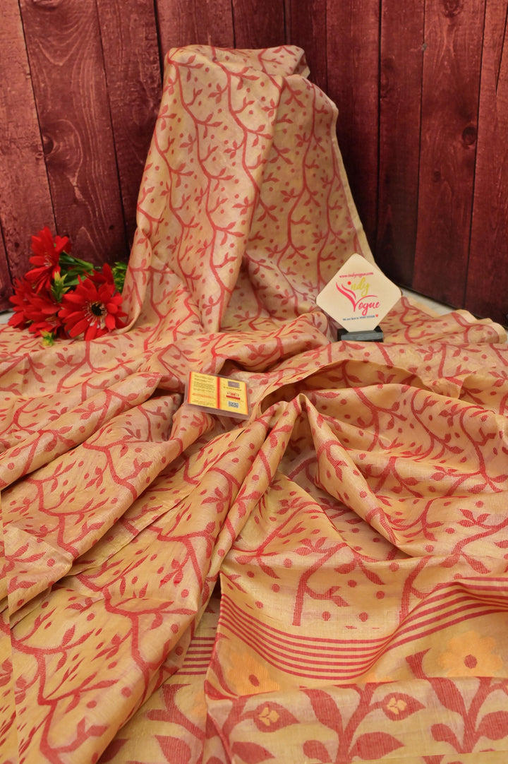 Natural Sandalwood Color Pure Tussar Silk with Jamdani Weaving