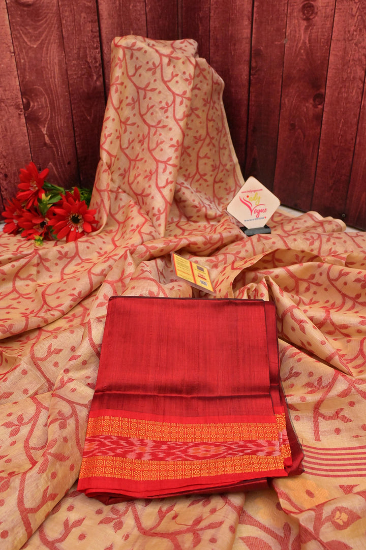Natural Sandalwood Color Pure Tussar Silk with Jamdani Weaving