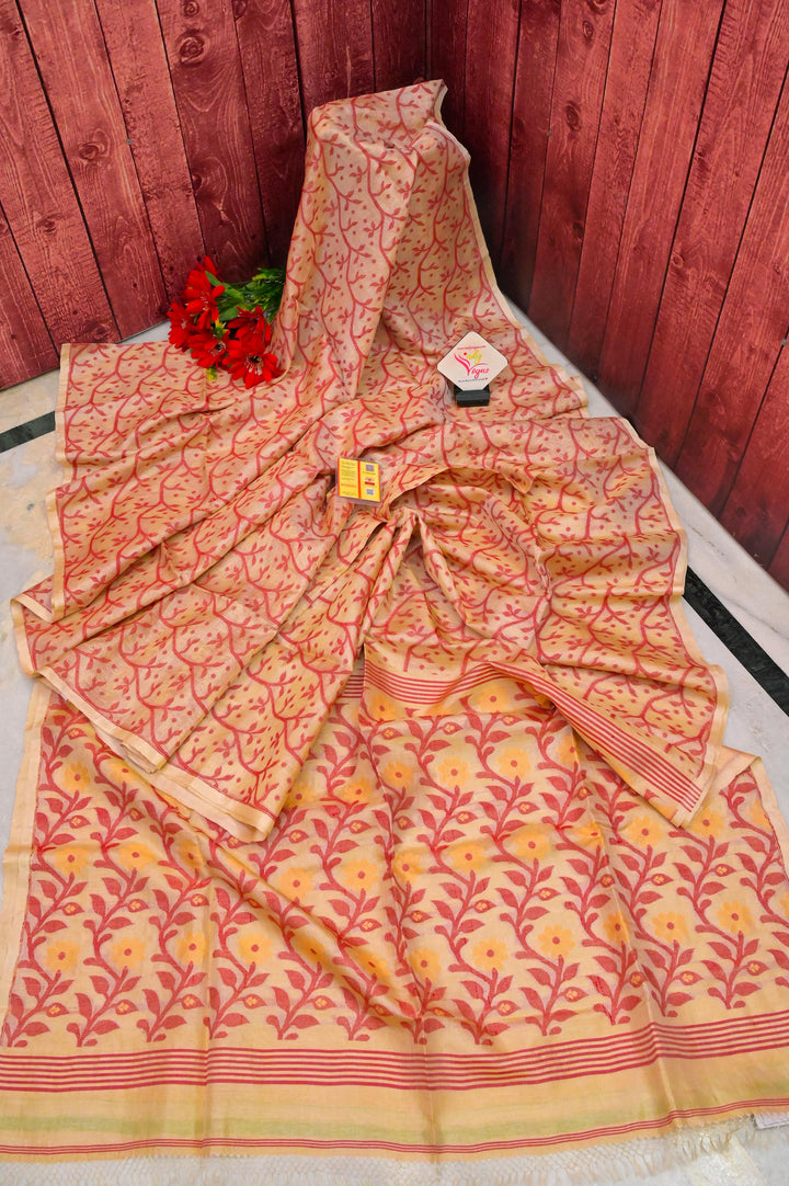 Natural Sandalwood Color Pure Tussar Silk with Jamdani Weaving