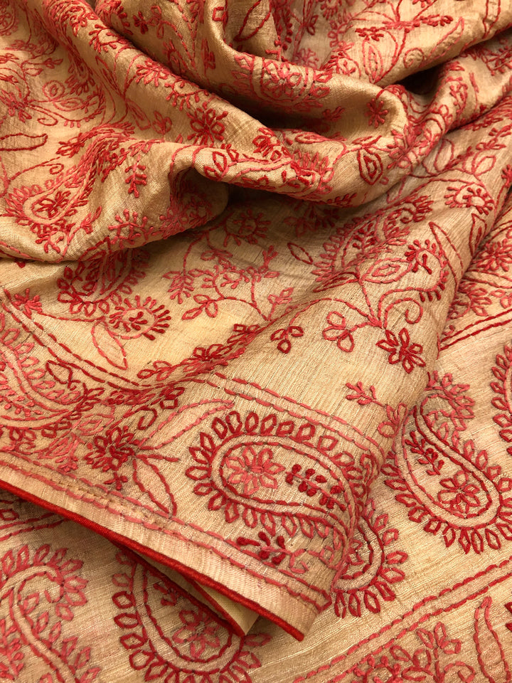 Natural Sandalwood & Red Color Tussar Silk Saree with Hand Embroidery & Chikankari Work
