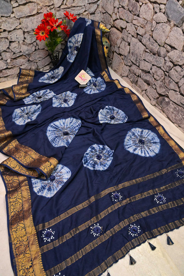 Navy Blue Color Chinon Silk Banarasi Saree with Hand Shibori Dye and Mirror Work