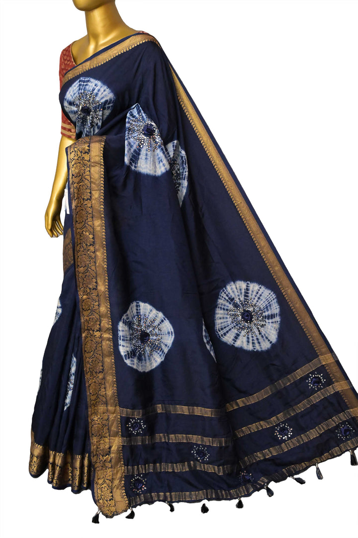 Navy Blue Color Chinon Silk Banarasi Saree with Hand Shibori Dye and Mirror Work