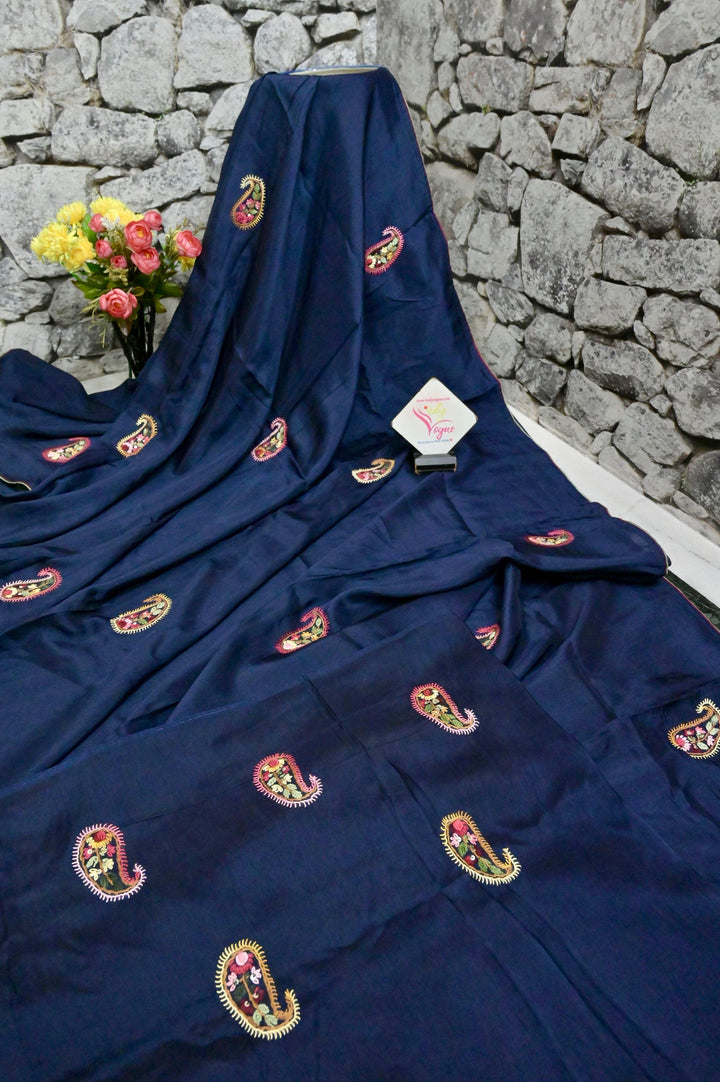 Navy Blue Color Chinon Silk Banarasi with Hand Parsi & Bullion Embroidery