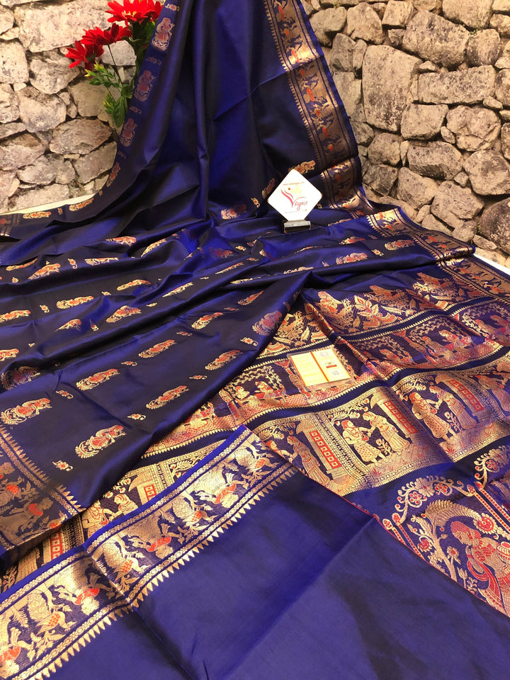 Navy Blue Color Pure Baluchari Silk Saree with Meenakari Work