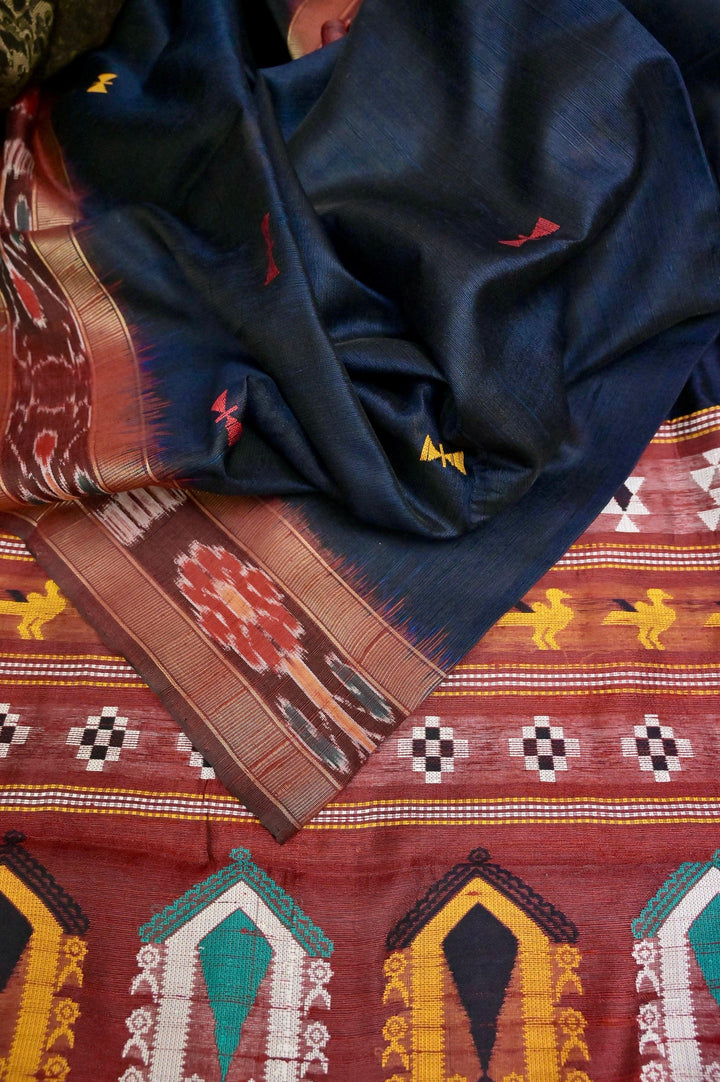 Navy Blue Color Raw Silk Saree with Sambalpuri Border and Dolabedi Pallu