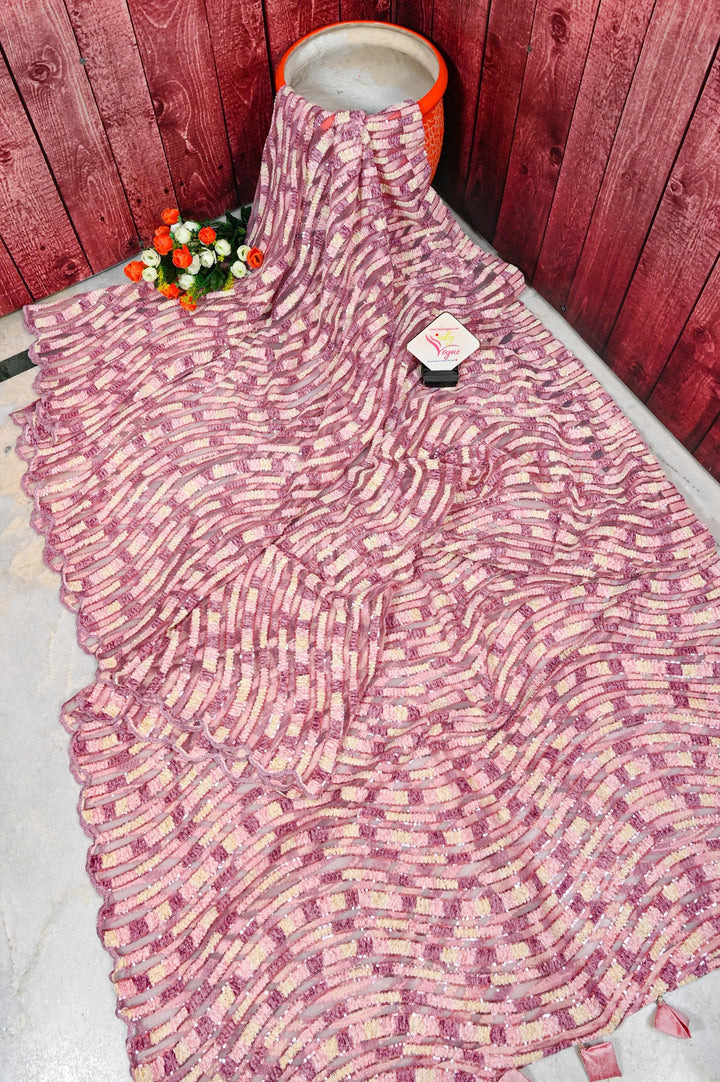 Nude Pink Color Designer Net Saree with Sequin Work