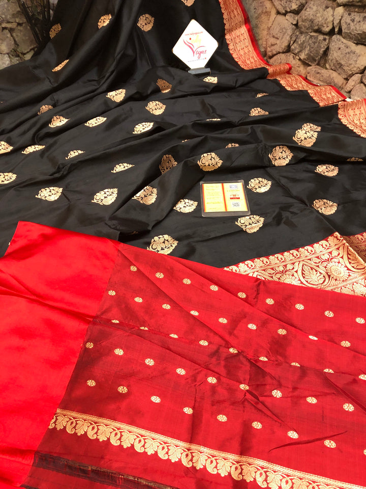 Obsidian Black and Royal Red Color Katan Banarasi Saree